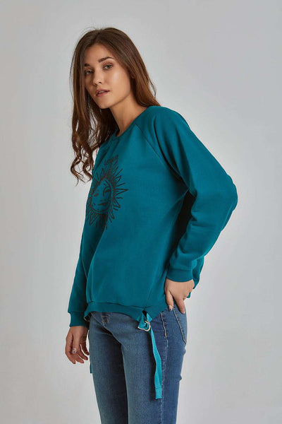 Women Regular Fit Sweat Shirt - Teal Blue