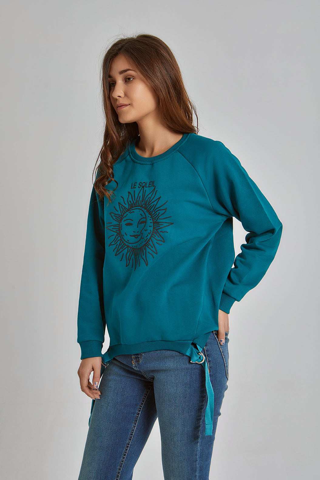 Women Regular Fit Sweat Shirt - Teal Blue