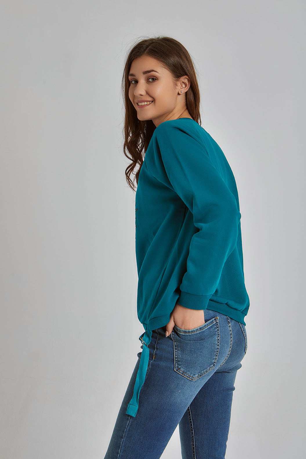 Women Regular Fit Sweat Shirt - Teal Blue