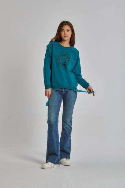 Women Regular Fit Sweat Shirt - Teal Blue