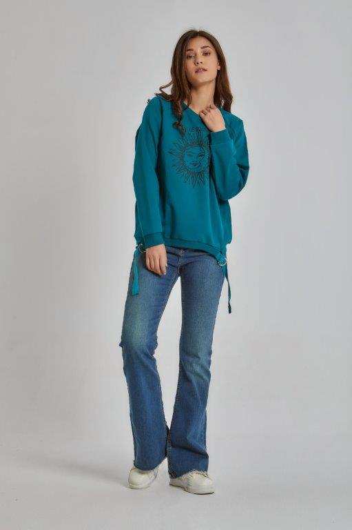 Women Regular Fit Sweat Shirt - Teal Blue