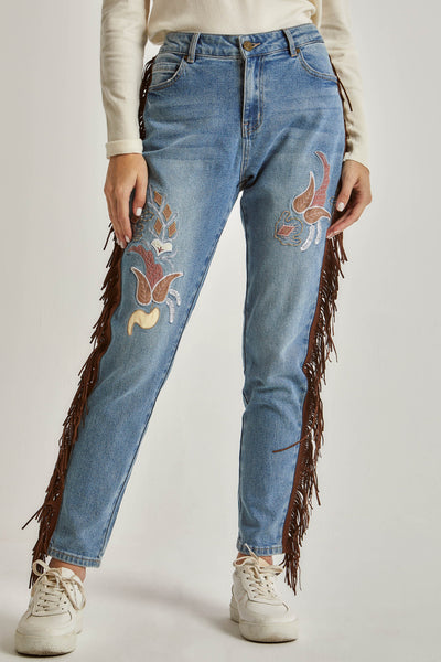 Women Embroidered with Fringes Denim - Indigo Blue