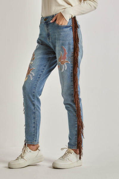 Women Embroidered with Fringes Denim - Indigo Blue