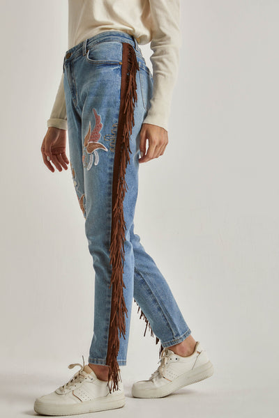 Women Embroidered with Fringes Denim - Indigo Blue