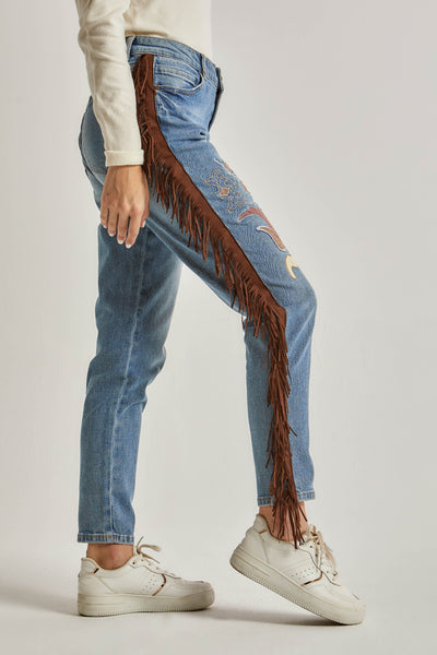 Women Embroidered with Fringes Denim - Indigo Blue