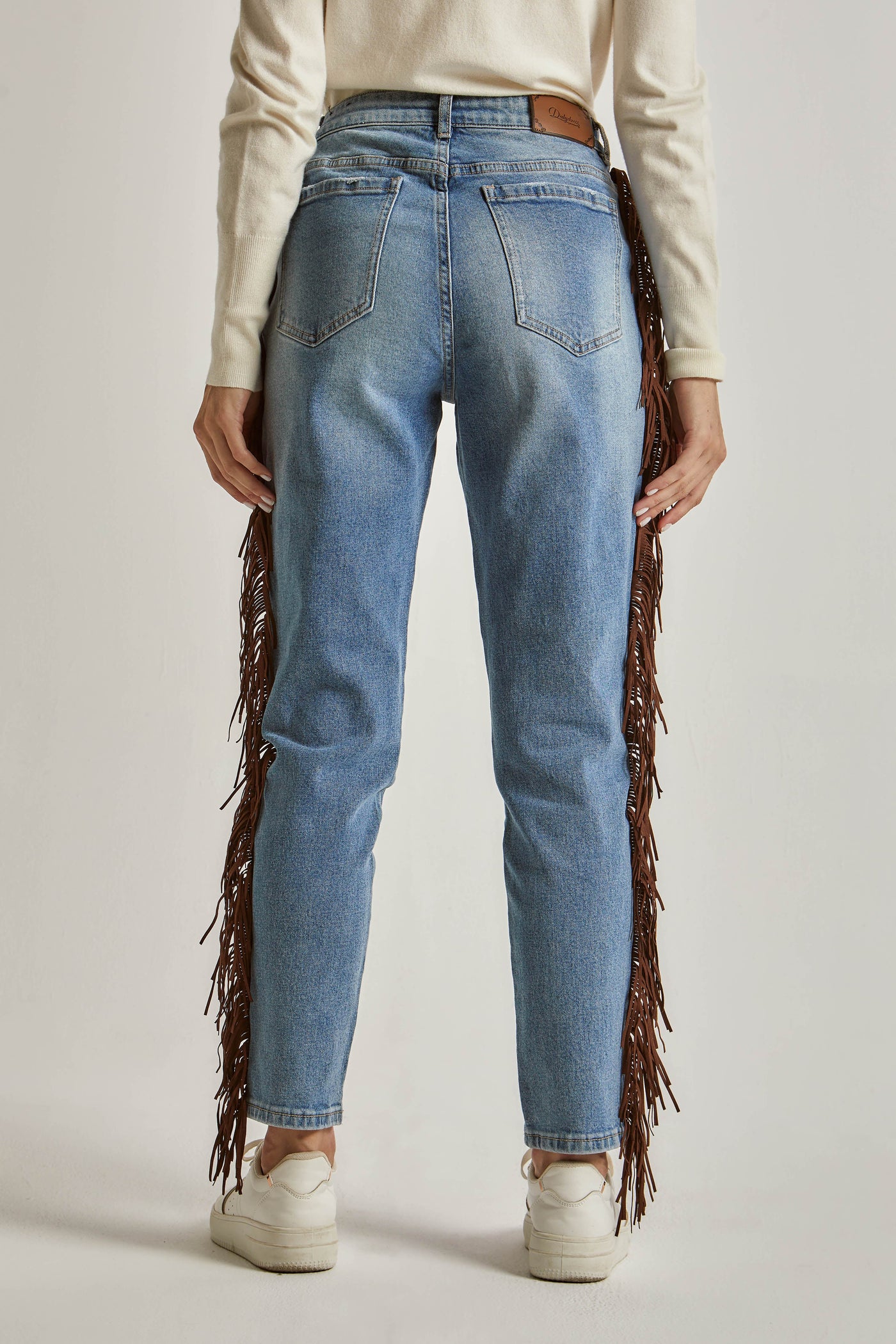 Women Embroidered with Fringes Denim - Indigo Blue