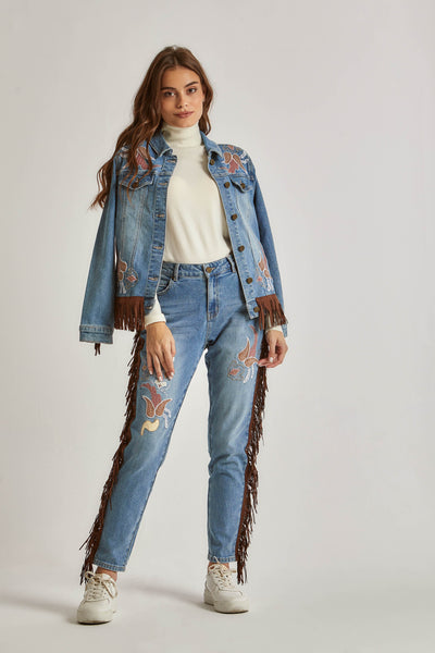 Women Embroidered with Fringes Denim - Indigo Blue