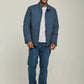 Man wearing blue casual jacket, white t-shirt, blue jeans, and white sneakers