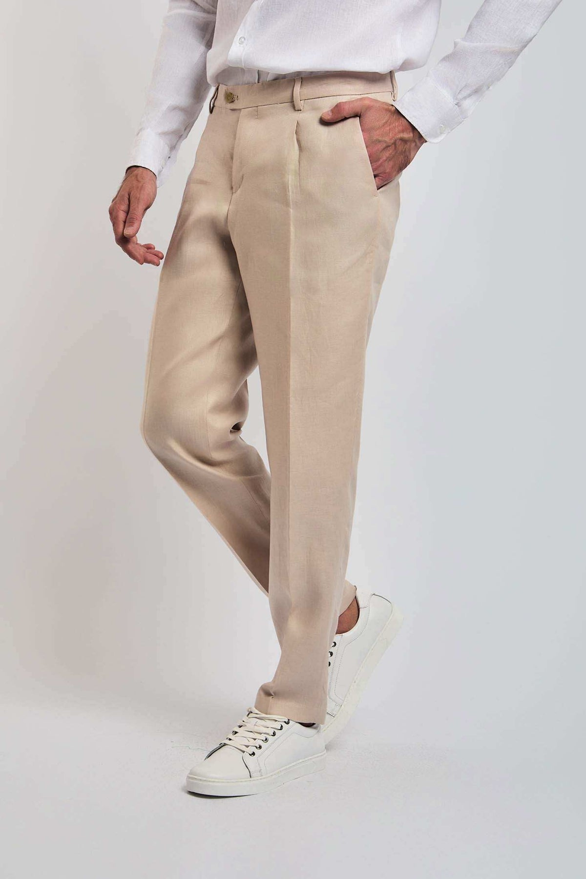 Dalydress men's beige pants styled with a white shirt and white sneakers