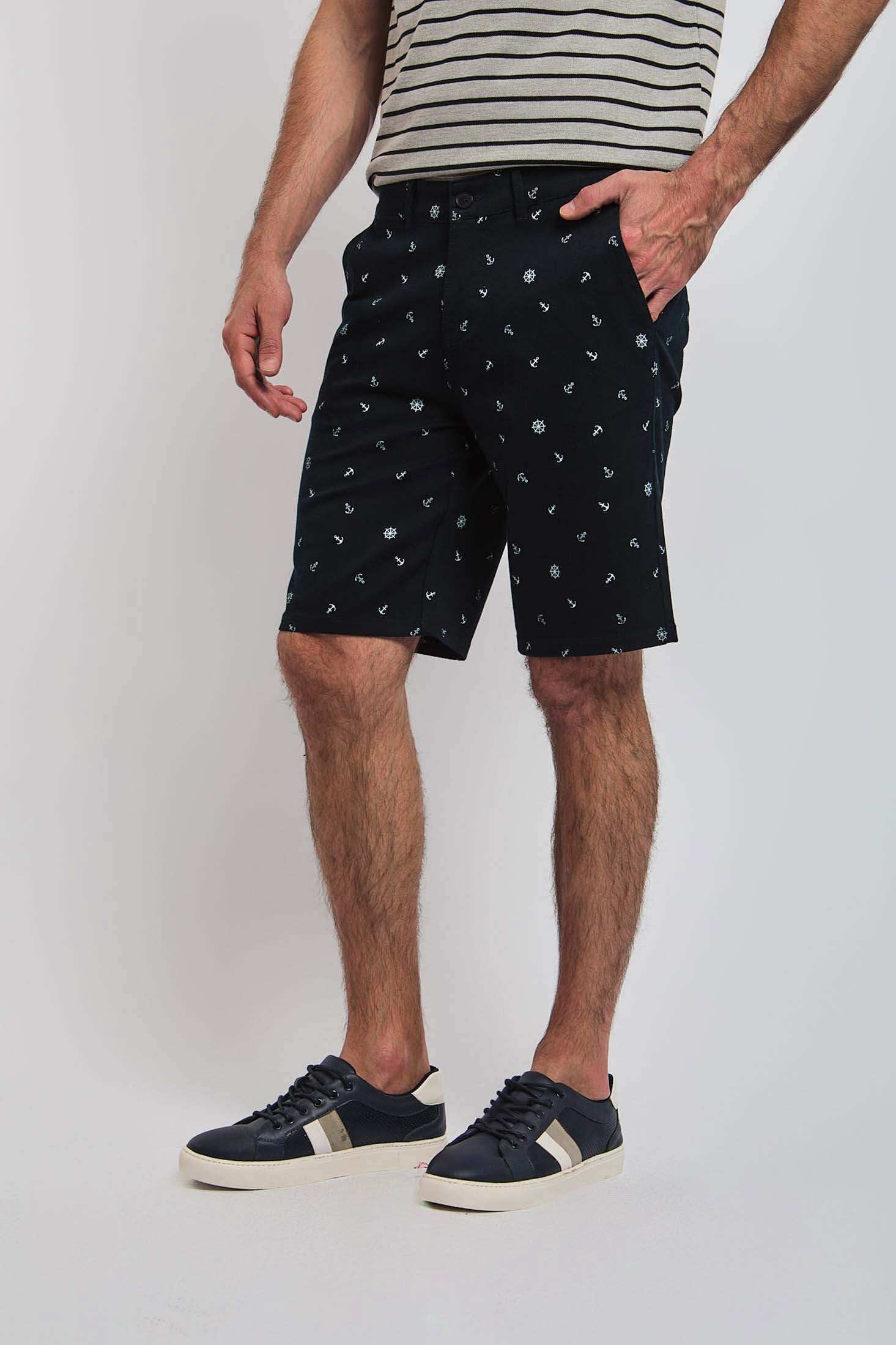 Dalydress men's black shorts with white nautical print, paired with striped shirt and sneakers