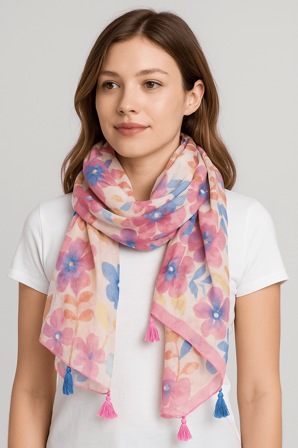 Floral Multicolor Tassel Detail Scarf