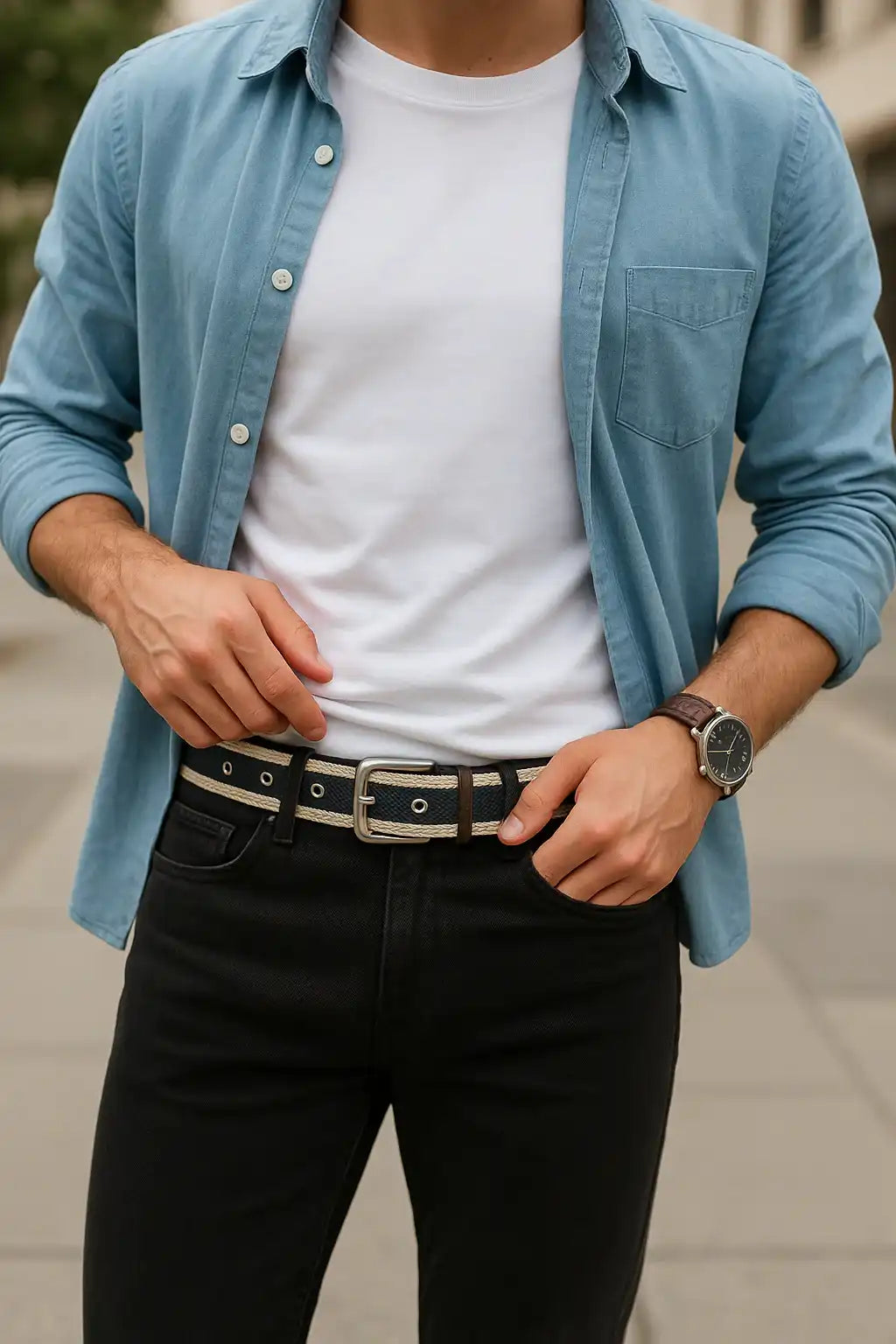 Premium Striped Reversible Leather-Fabric Belt