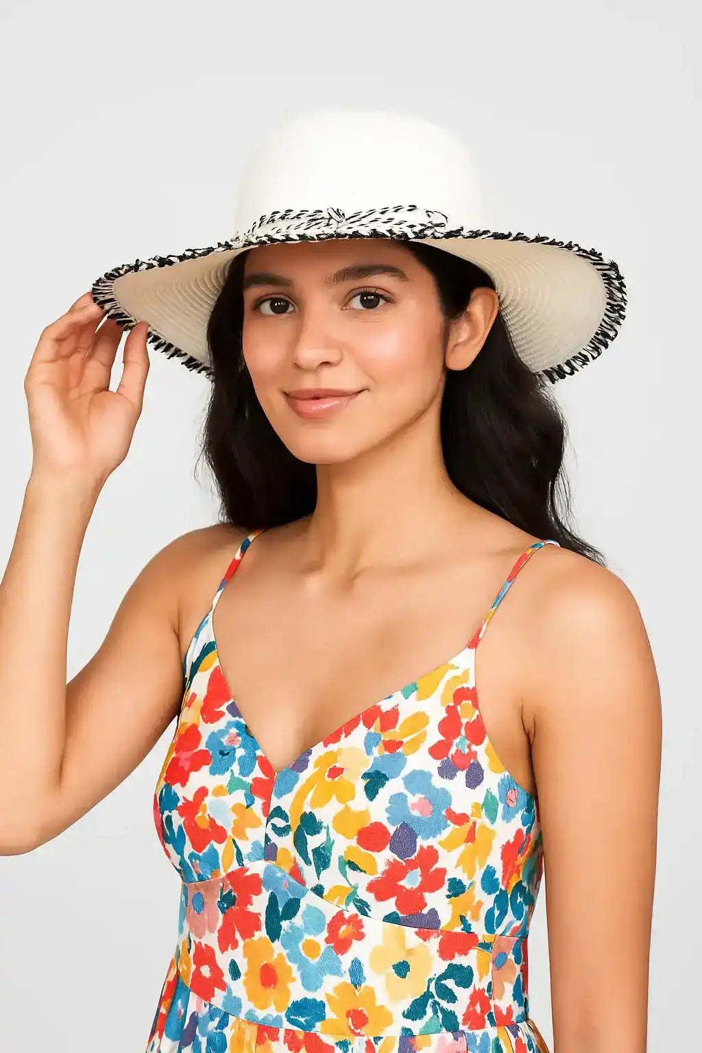 Two-Tone Brim Hat with Decorative Braids