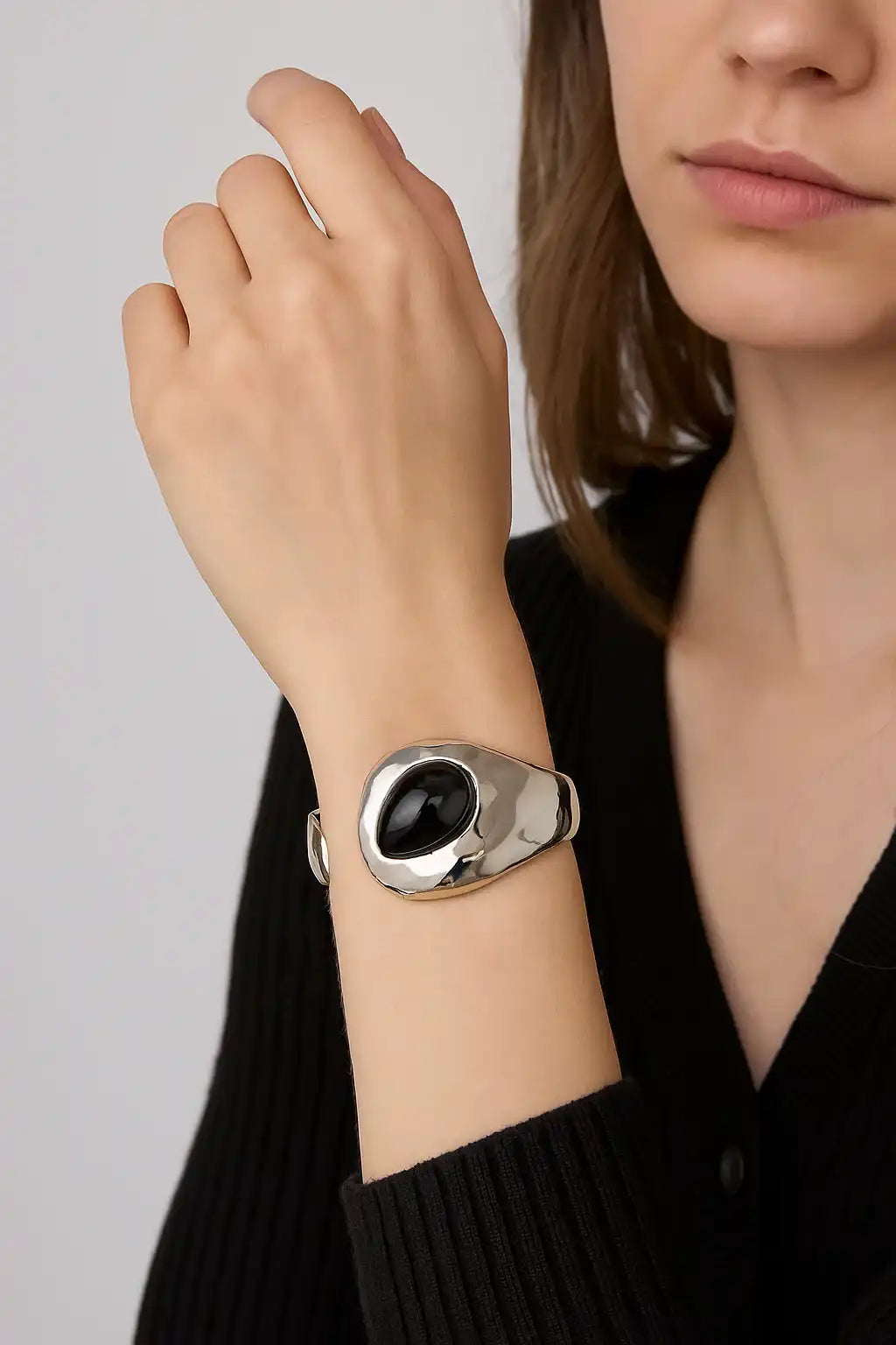 Bold Cuff Bracelet with Black Teardrop Stone Accent