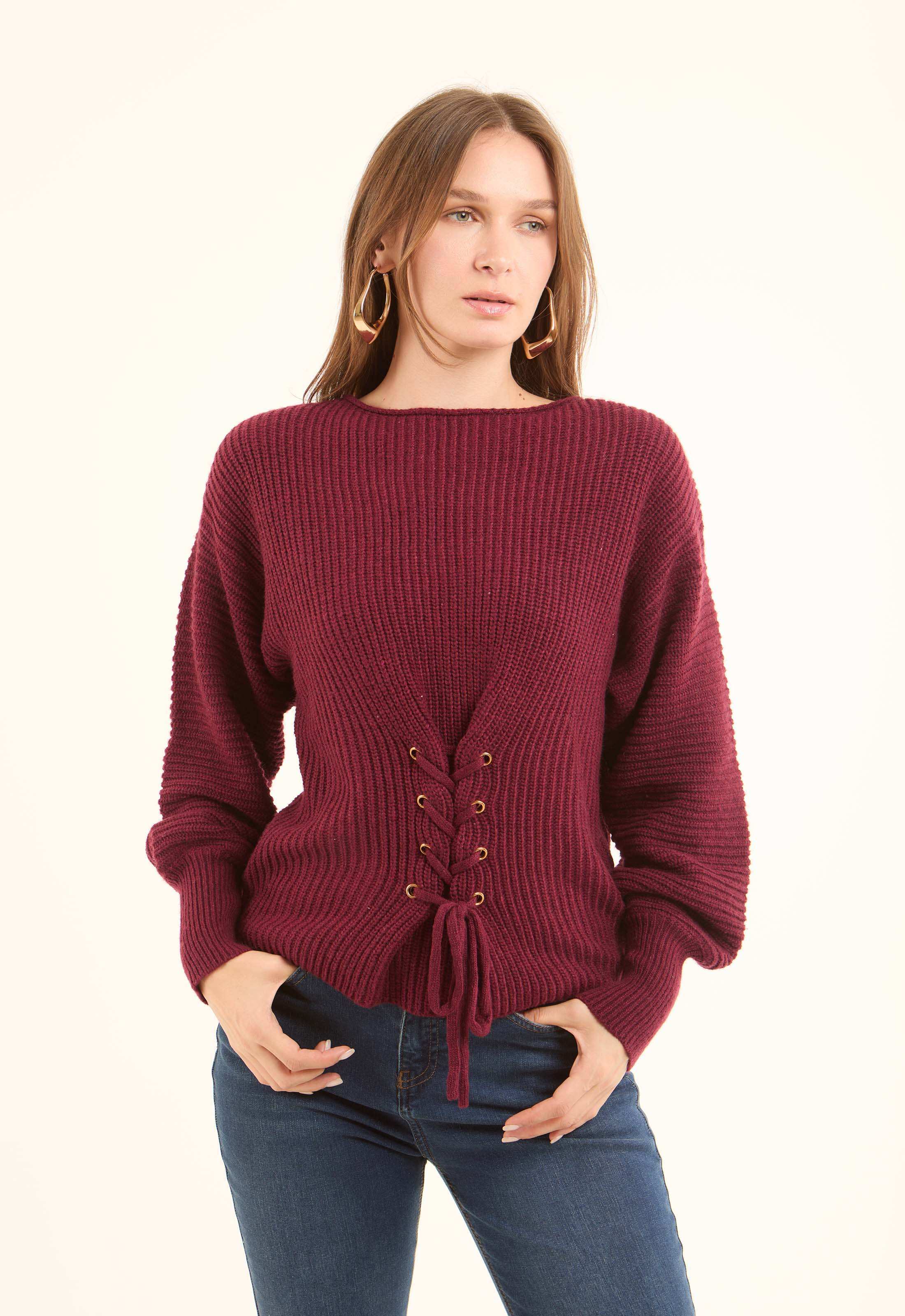 Chunky Knit Pullover with Lace-Up Corset Waist