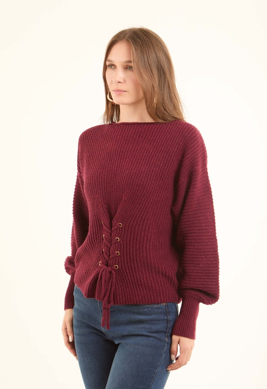 Chunky Knit Pullover with Lace-Up Corset Waist