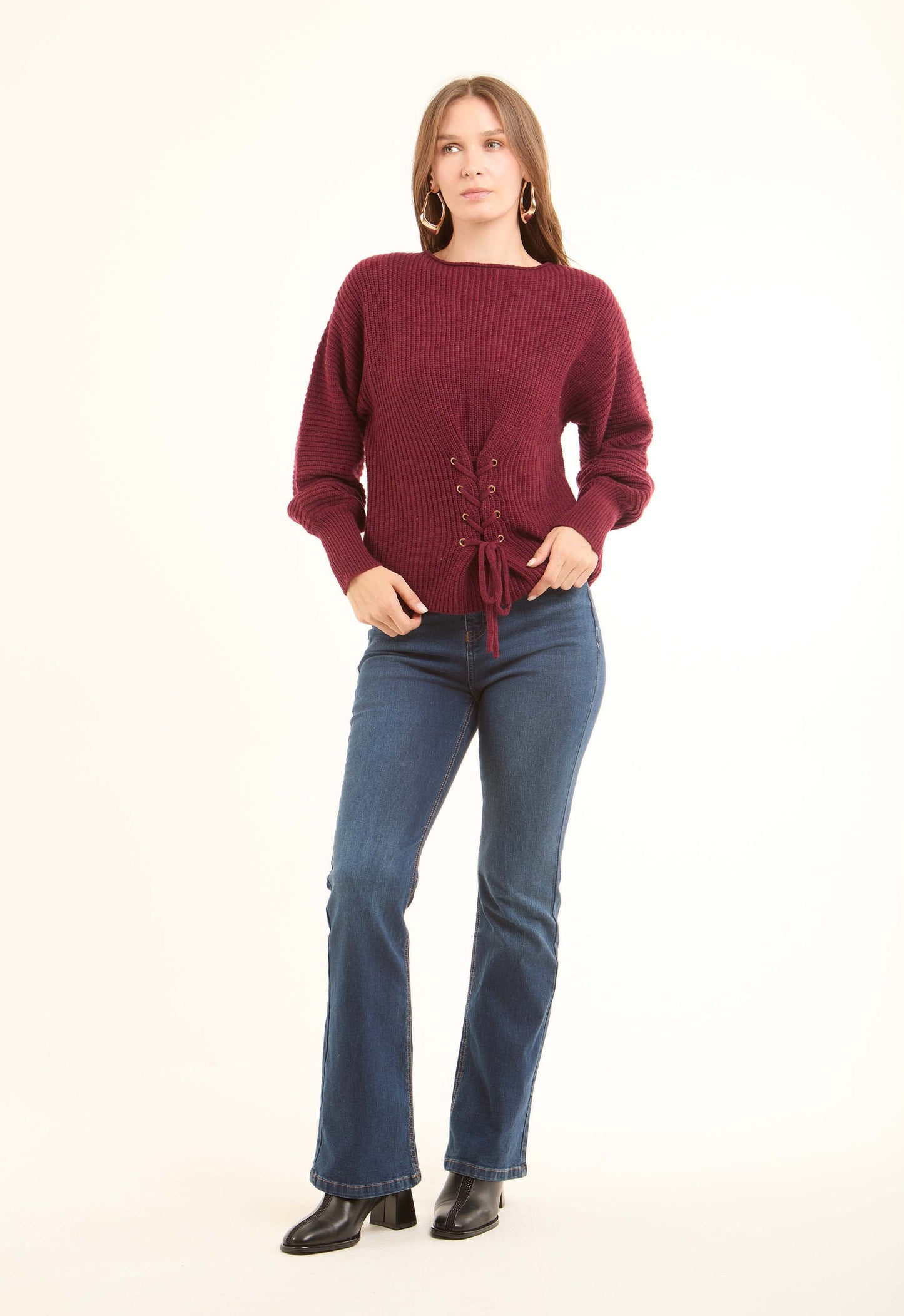 Chunky Knit Pullover with Lace-Up Corset Waist