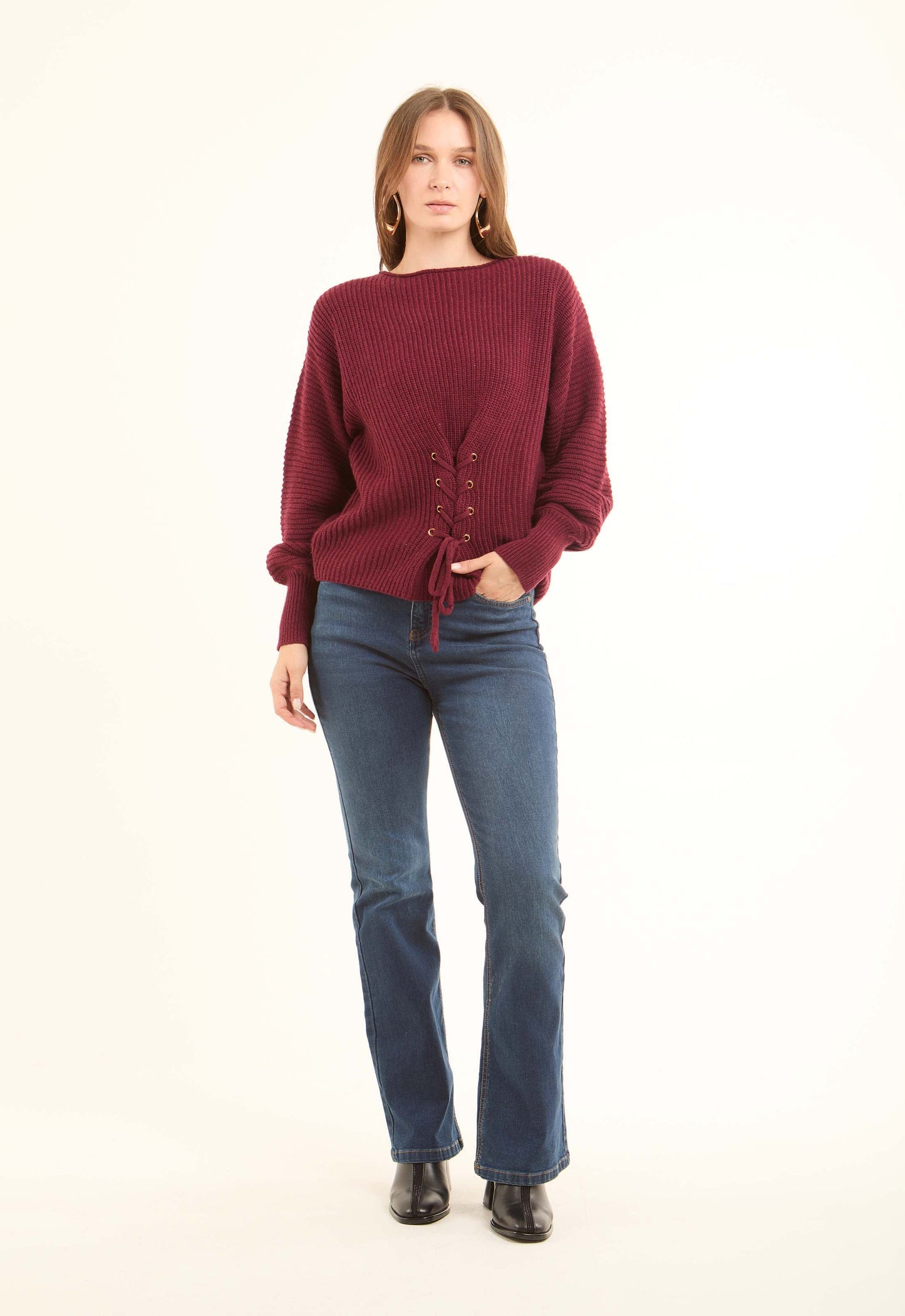 Chunky Knit Pullover with Lace-Up Corset Waist