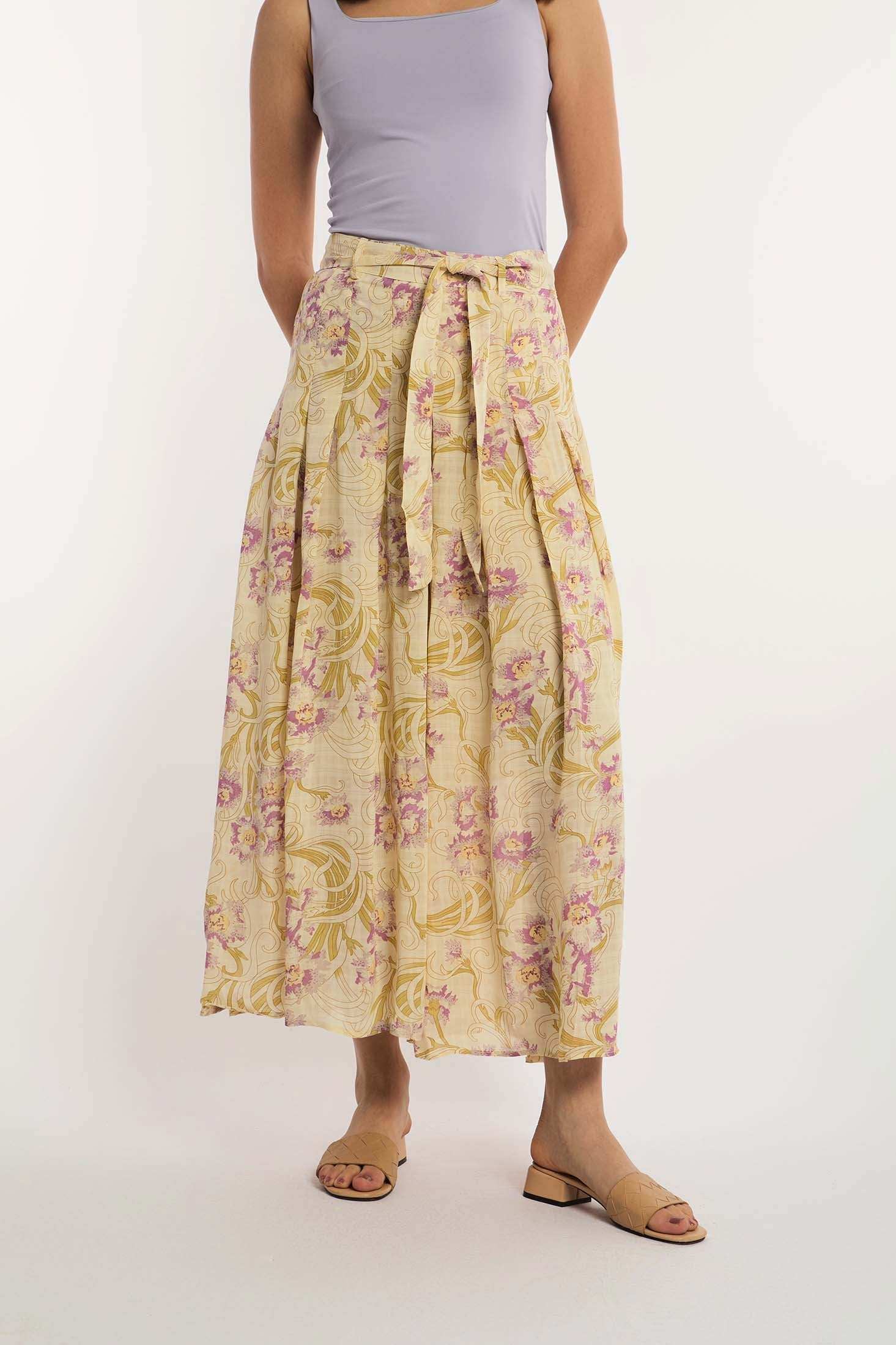 Dalydress women's floral yellow wrap skirt with purple tank top and sandals