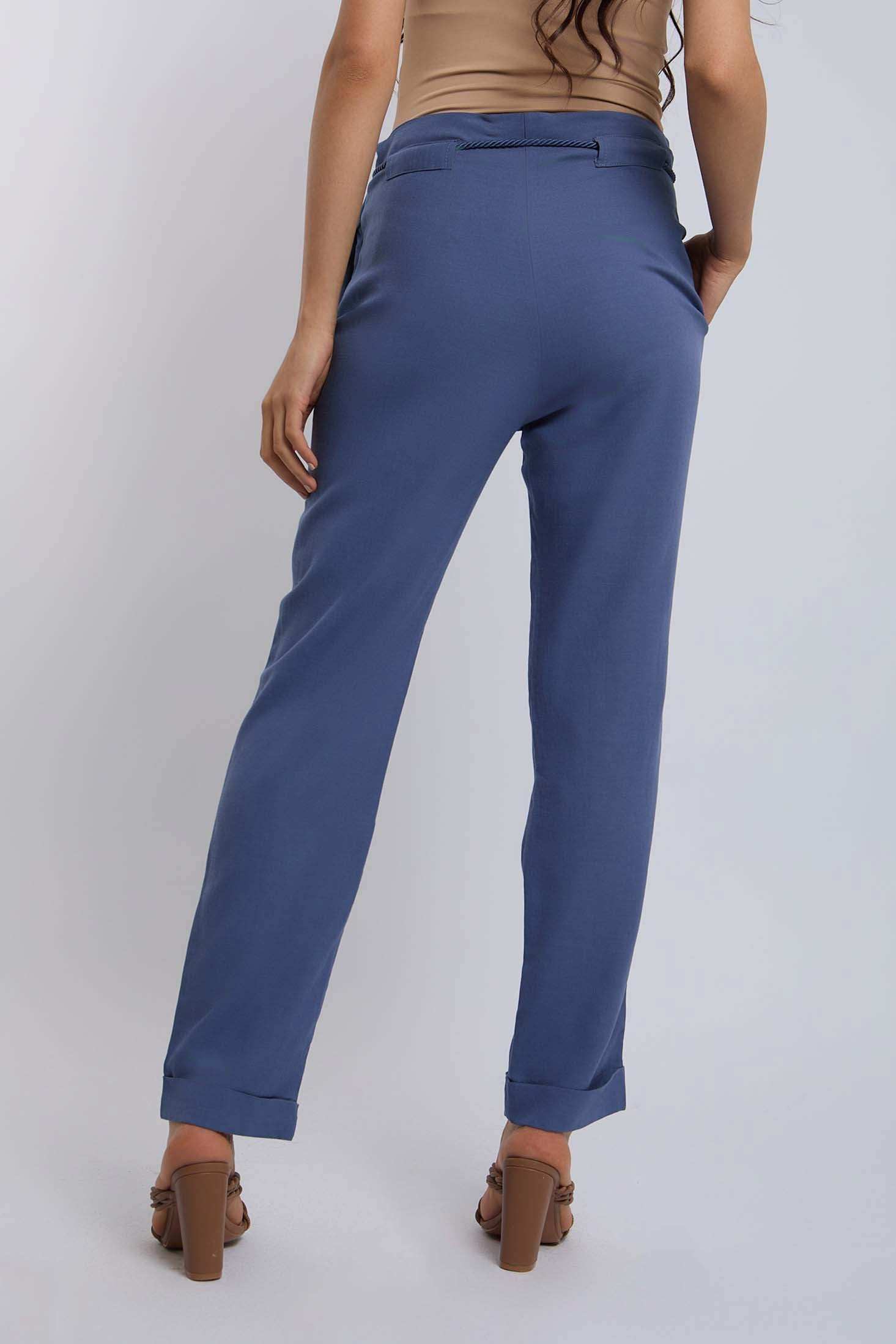 Dalydress women's blue tailored pants styled with a beige top and brown heels