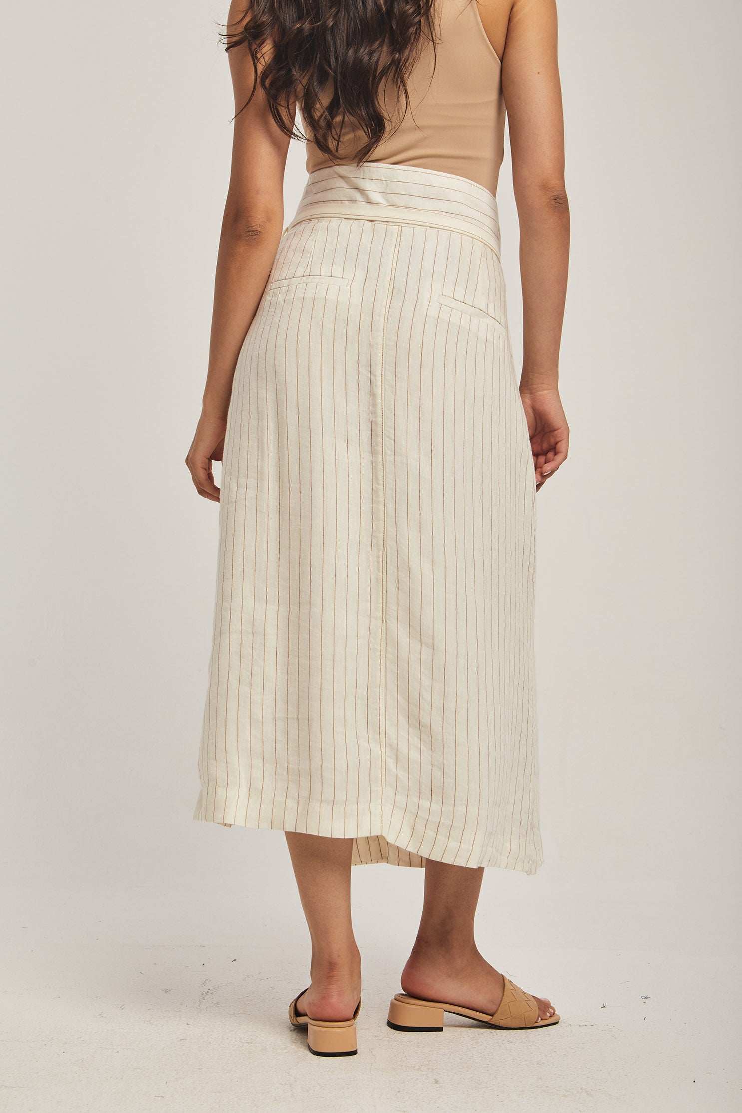 Dalydress women's cream striped midi skirt with high waist, back view, casual fashion