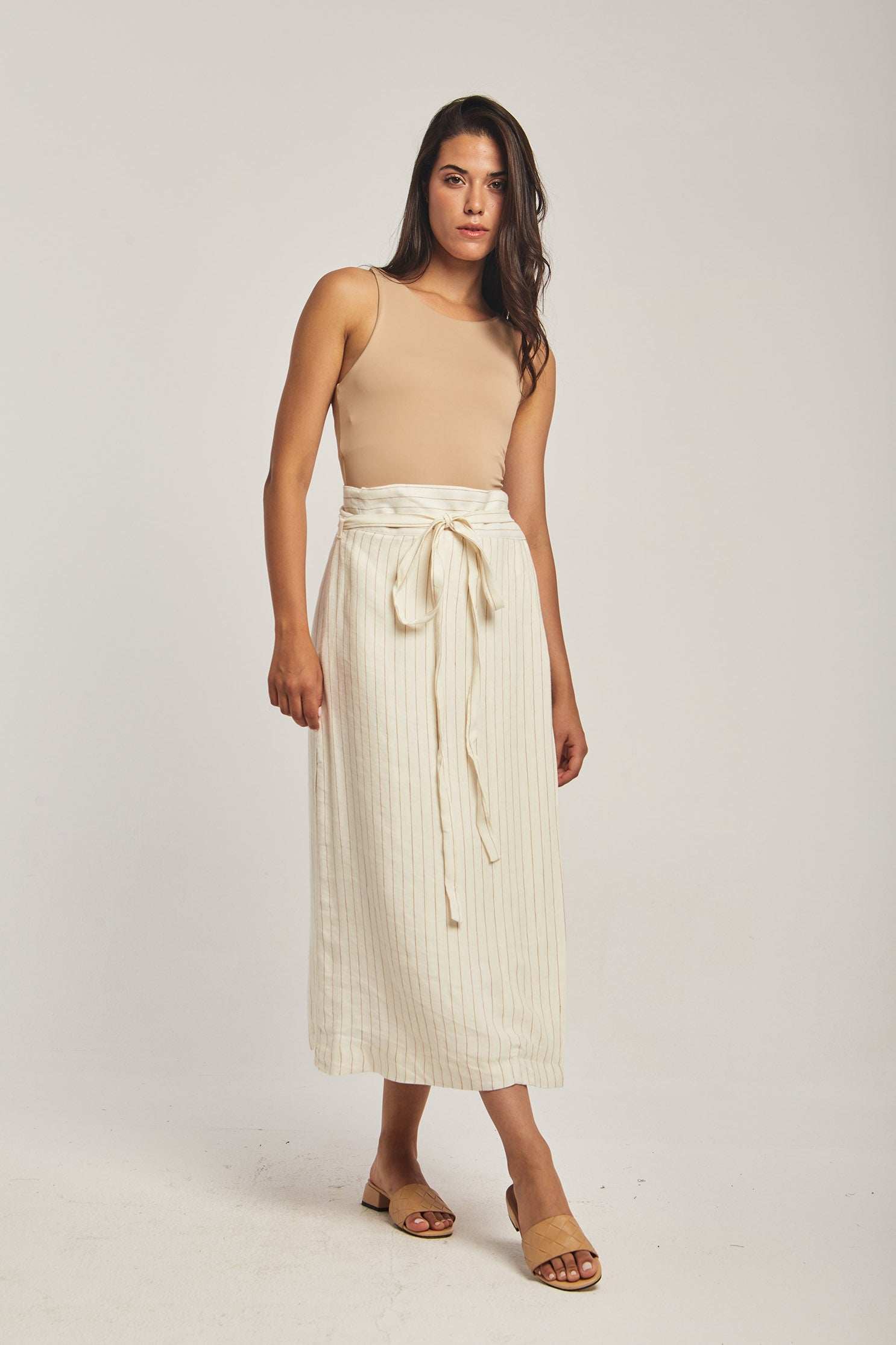 Dalydress women's beige tank top and striped midi skirt with tie waist, neutral sandals