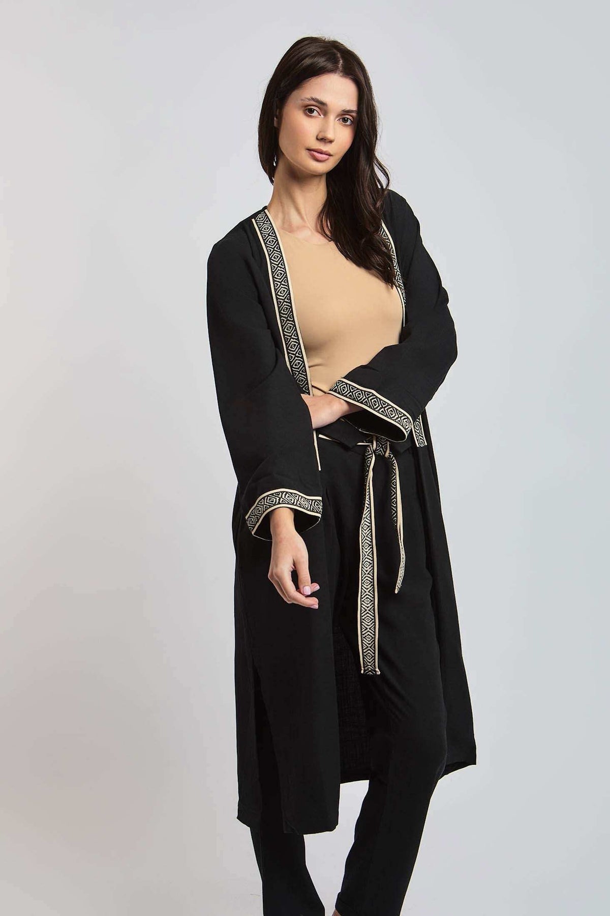 Dalydress women's black embroidered long cardigan with beige trim, modern Egyptian fashion