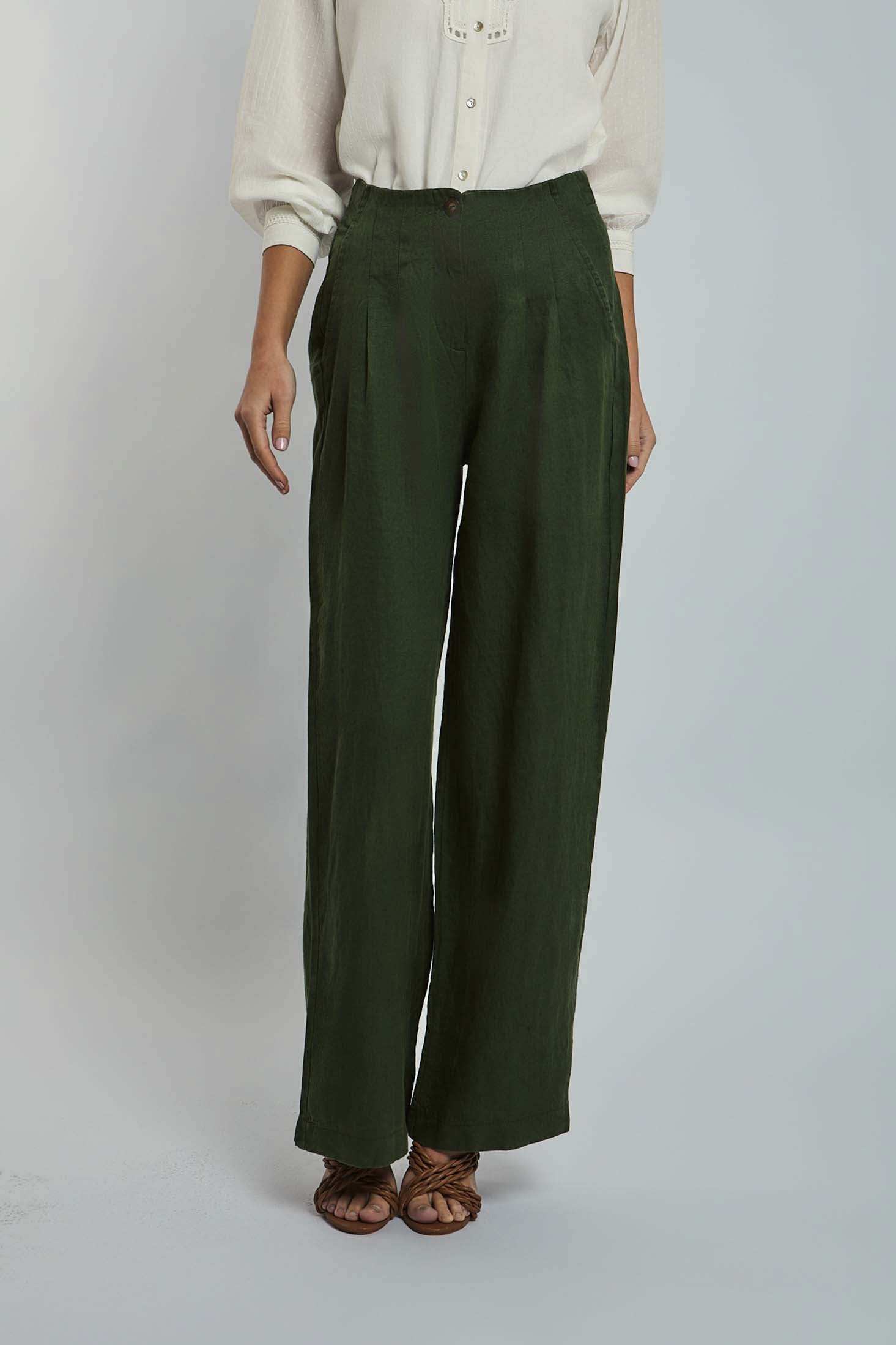 Dalydress women's wide-leg green pants paired with a white blouse, urban casual style