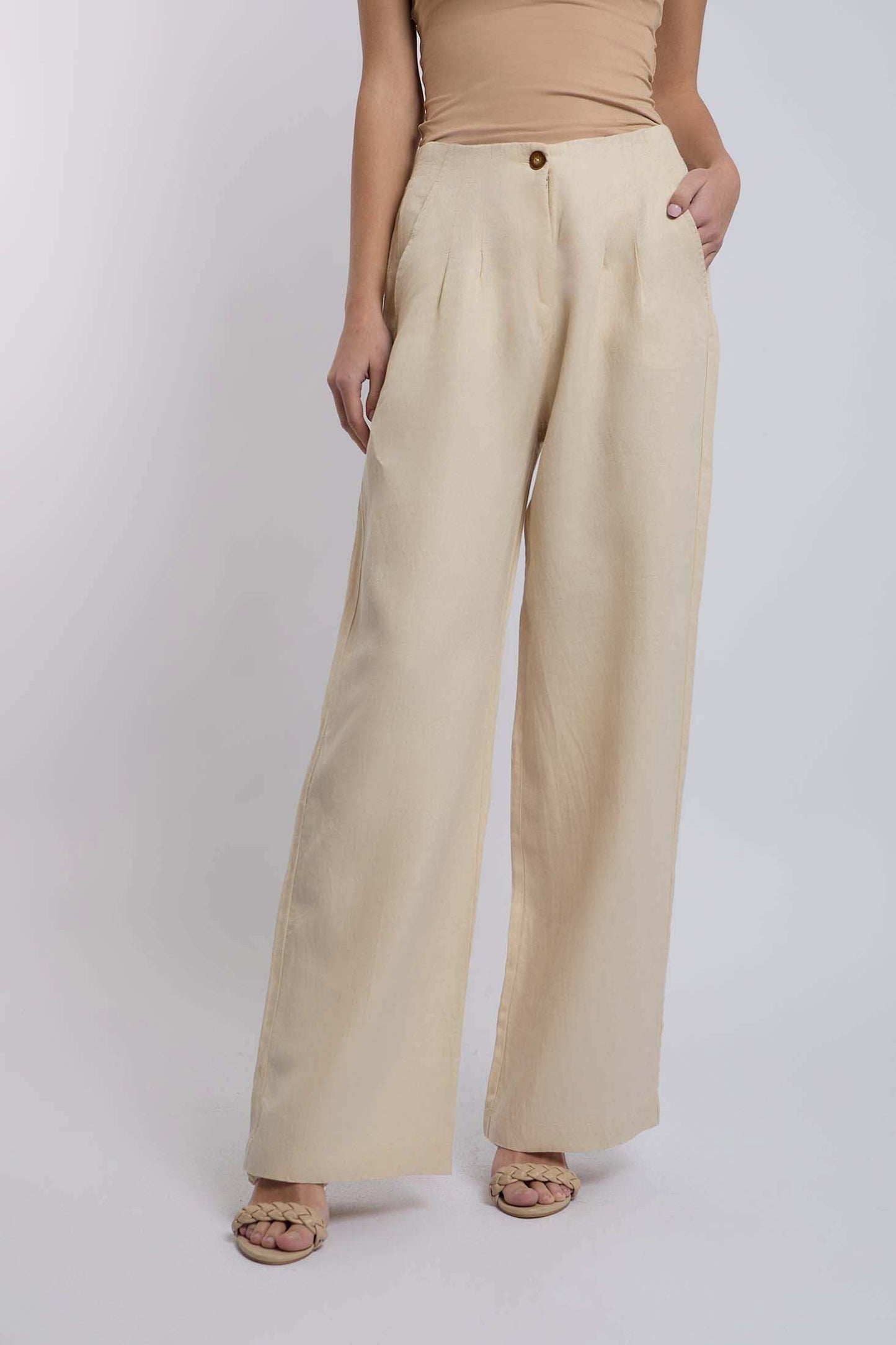 Dalydress women's beige wide-leg pants with high waist and side pockets, casual style