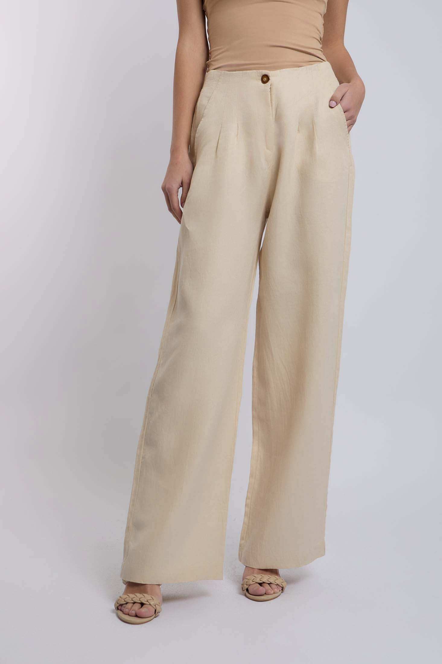 Dalydress women's beige wide-leg pants with high waist and side pockets, casual style