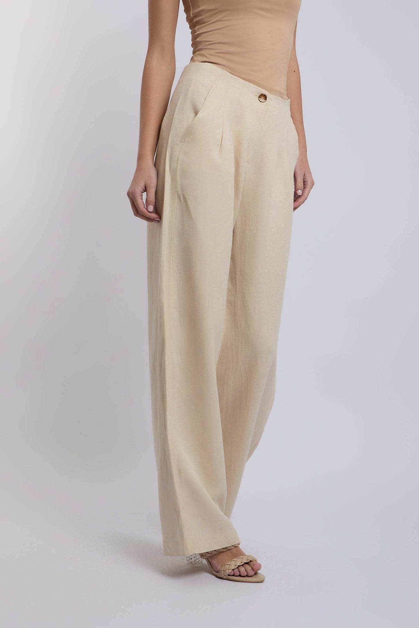 Dalydress wide-leg beige women's linen pants with pleats and button waist