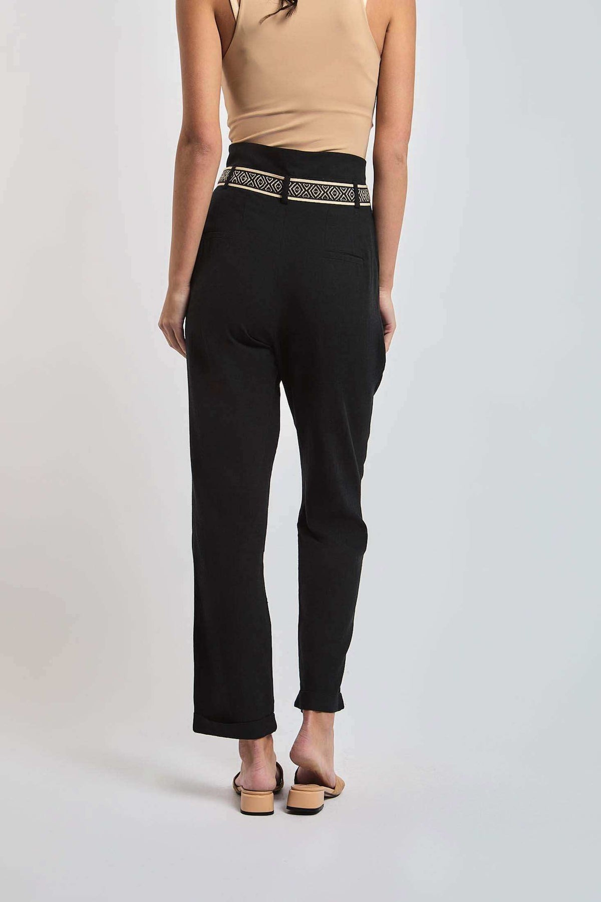 Dalydress women's black trousers with patterned waist detail, back view, casual fashion