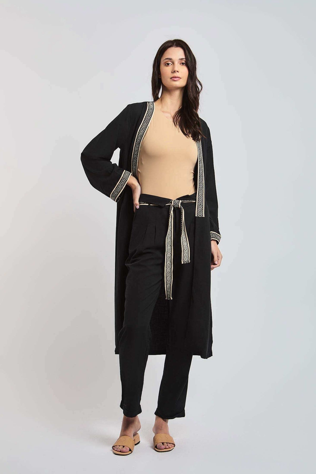 Dalydress women's black embroidered trim cardigan and pants set, casual fashion outfit