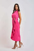 Woman modeling a sleeveless pink Dalydress midi dress with ruffled collar and waist belt
