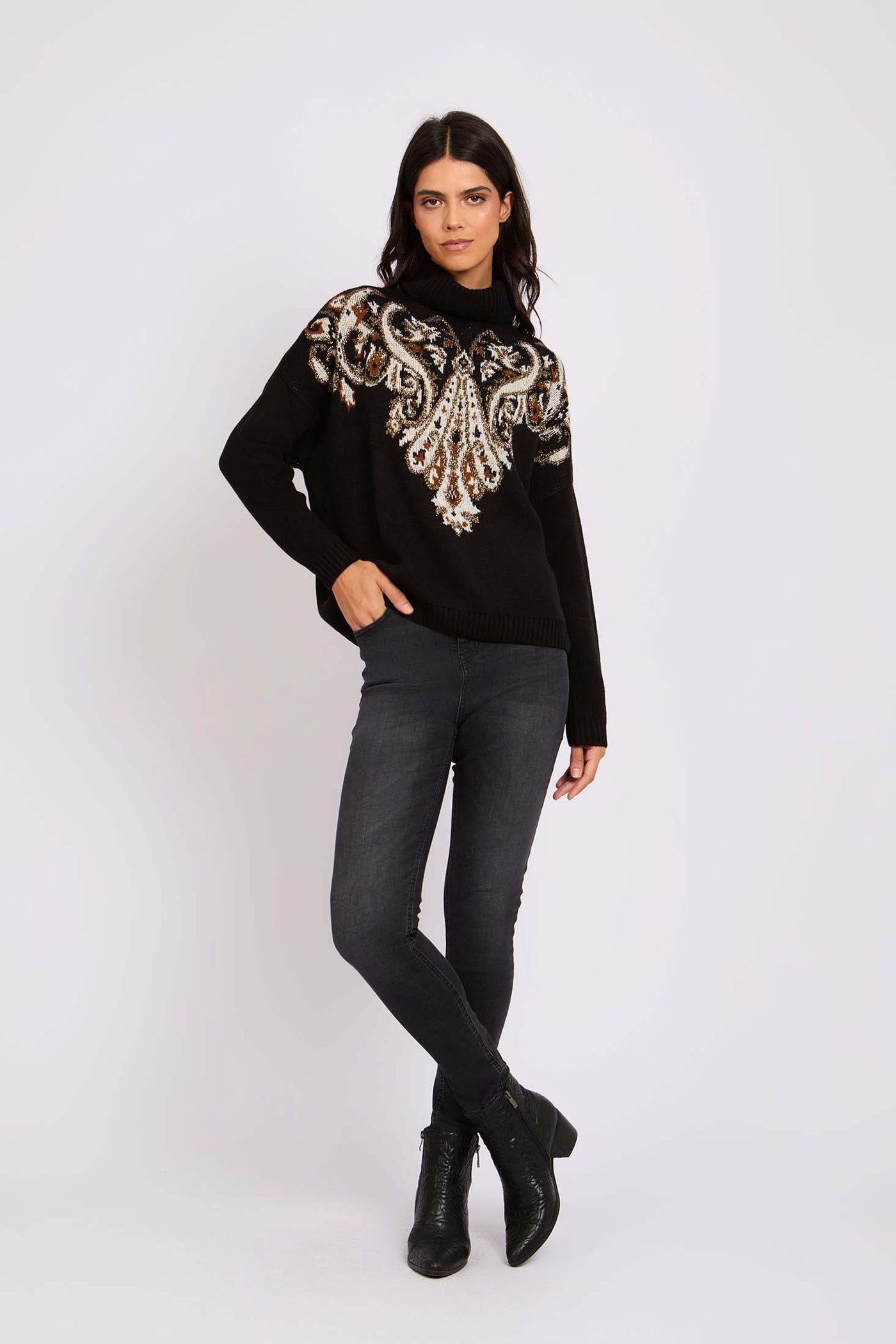 Women Jacquard Pullover - Black