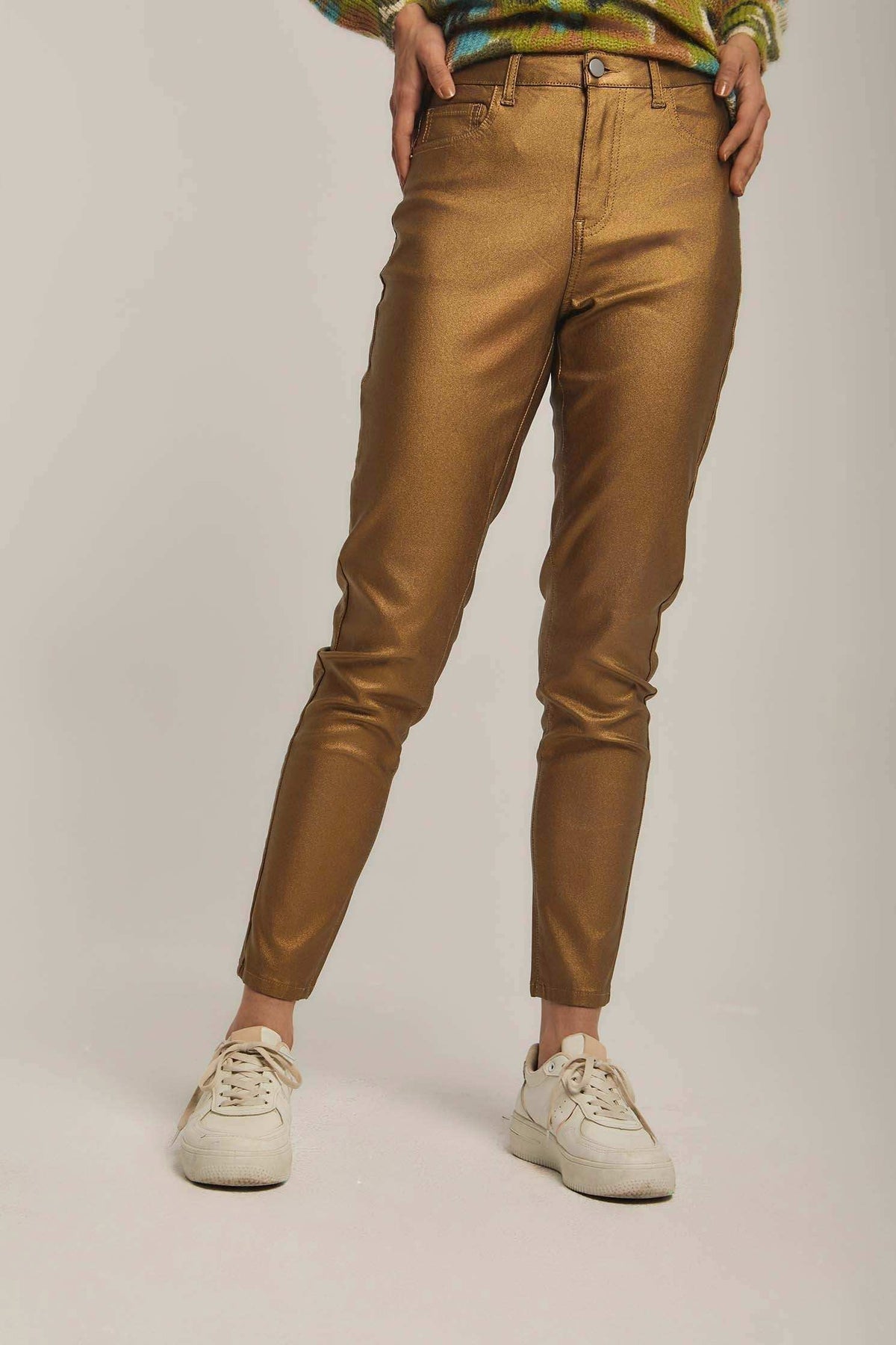 Women Pants Coated Skinny Gold