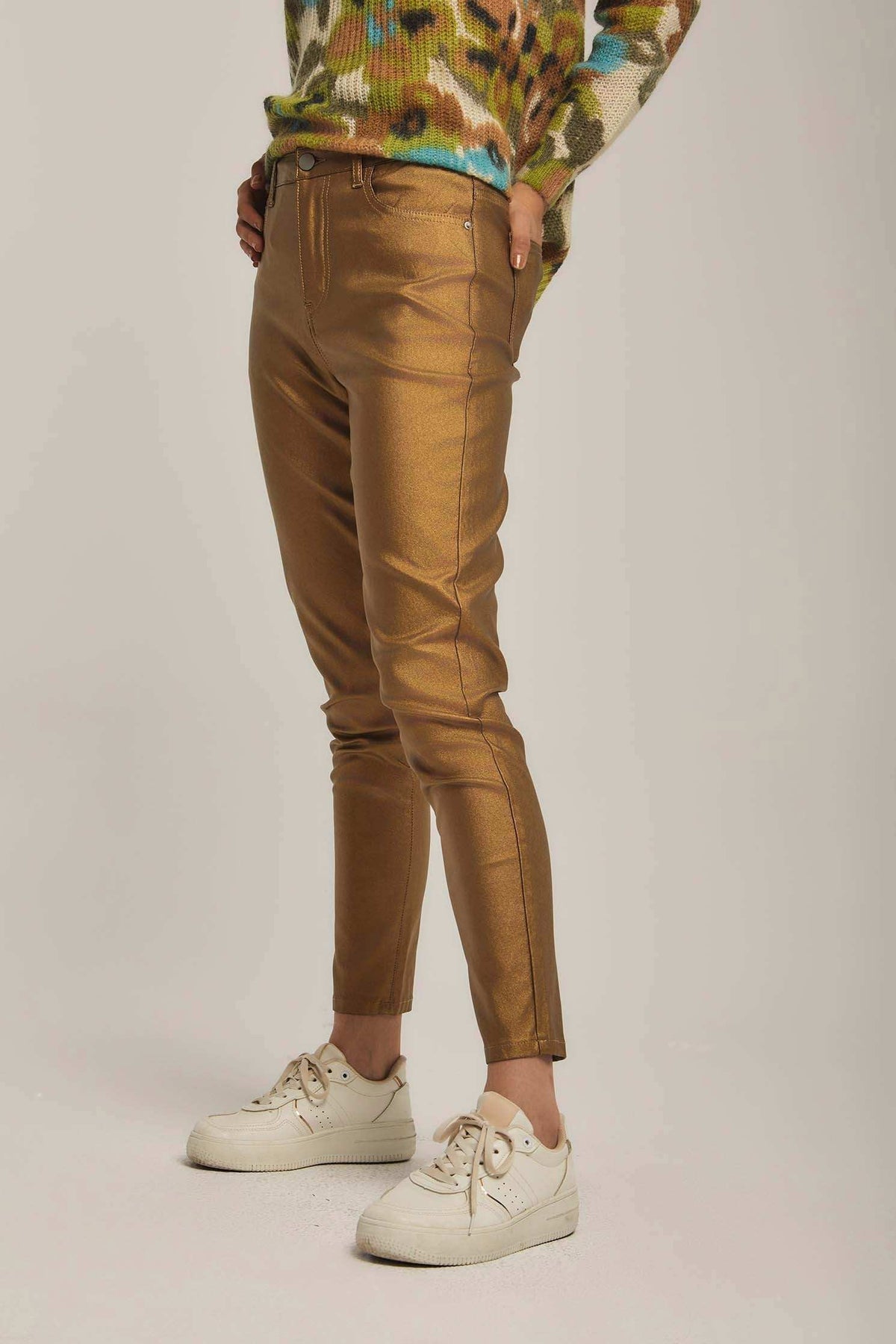 Women Pants Coated Skinny Gold
