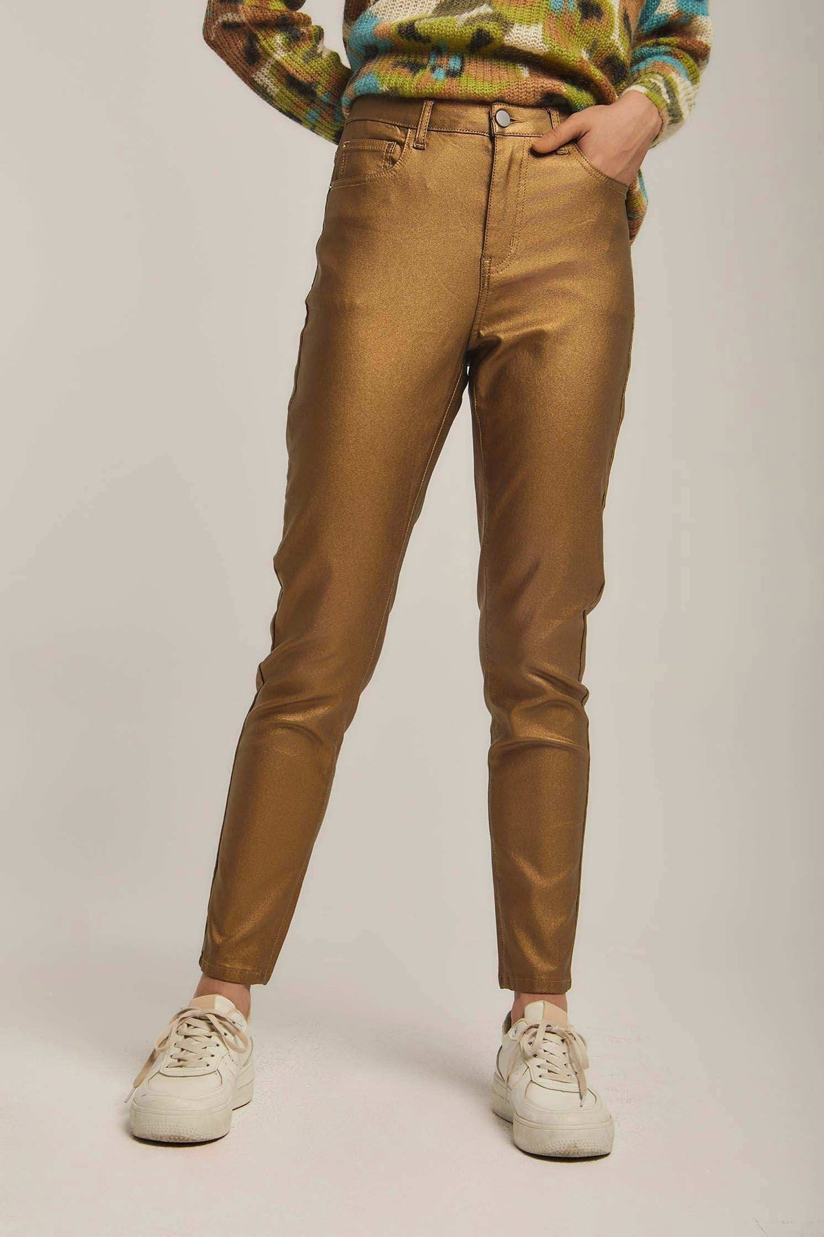 Women Pants Coated Skinny Gold