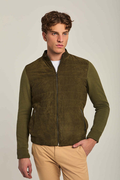 Men Regular Fit Suede Jacket - Olive