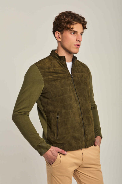 Men Regular Fit Suede Jacket - Olive