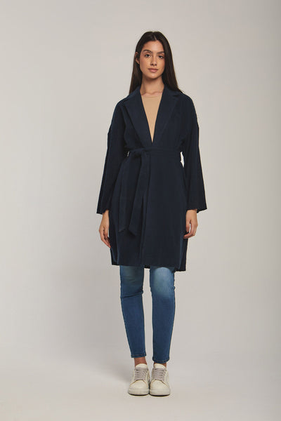 Women Regular Fit Coat - Navy Dark Blue