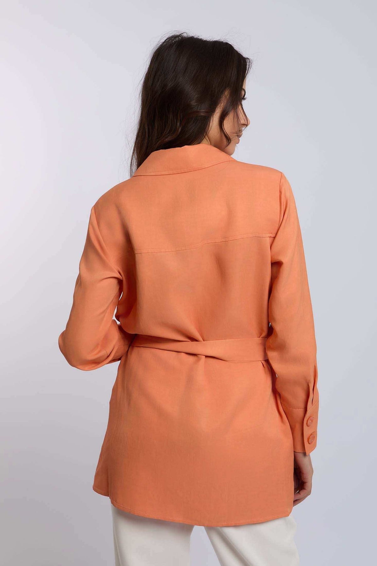 Dalydress women's orange belted blazer, back view, contemporary casual fashion