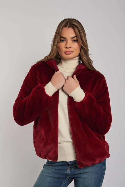 Luxurious Faux Fur Jacket Burgundy