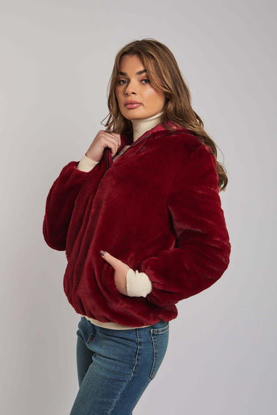 Luxurious Faux Fur Jacket Burgundy