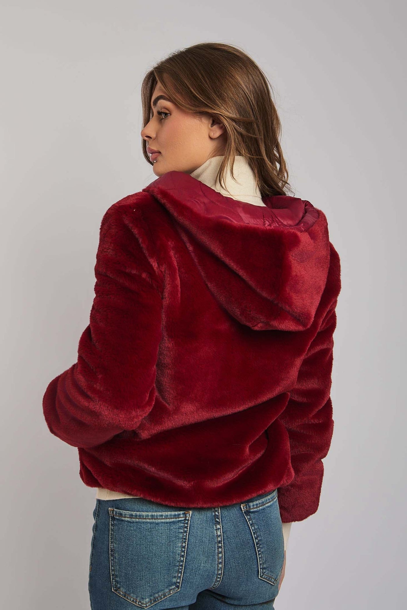 Luxurious Faux Fur Jacket Burgundy