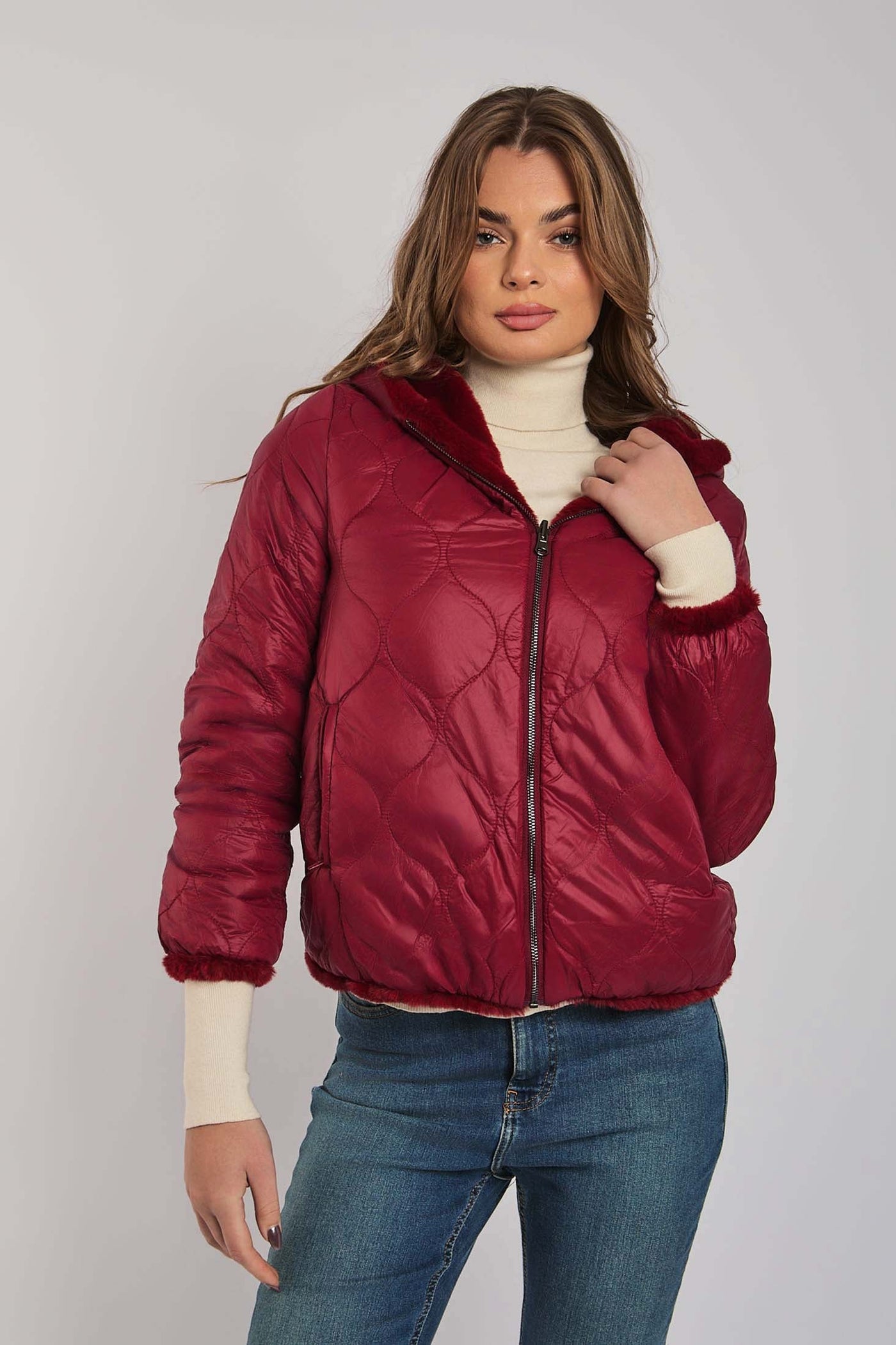 Luxurious Faux Fur Jacket Burgundy