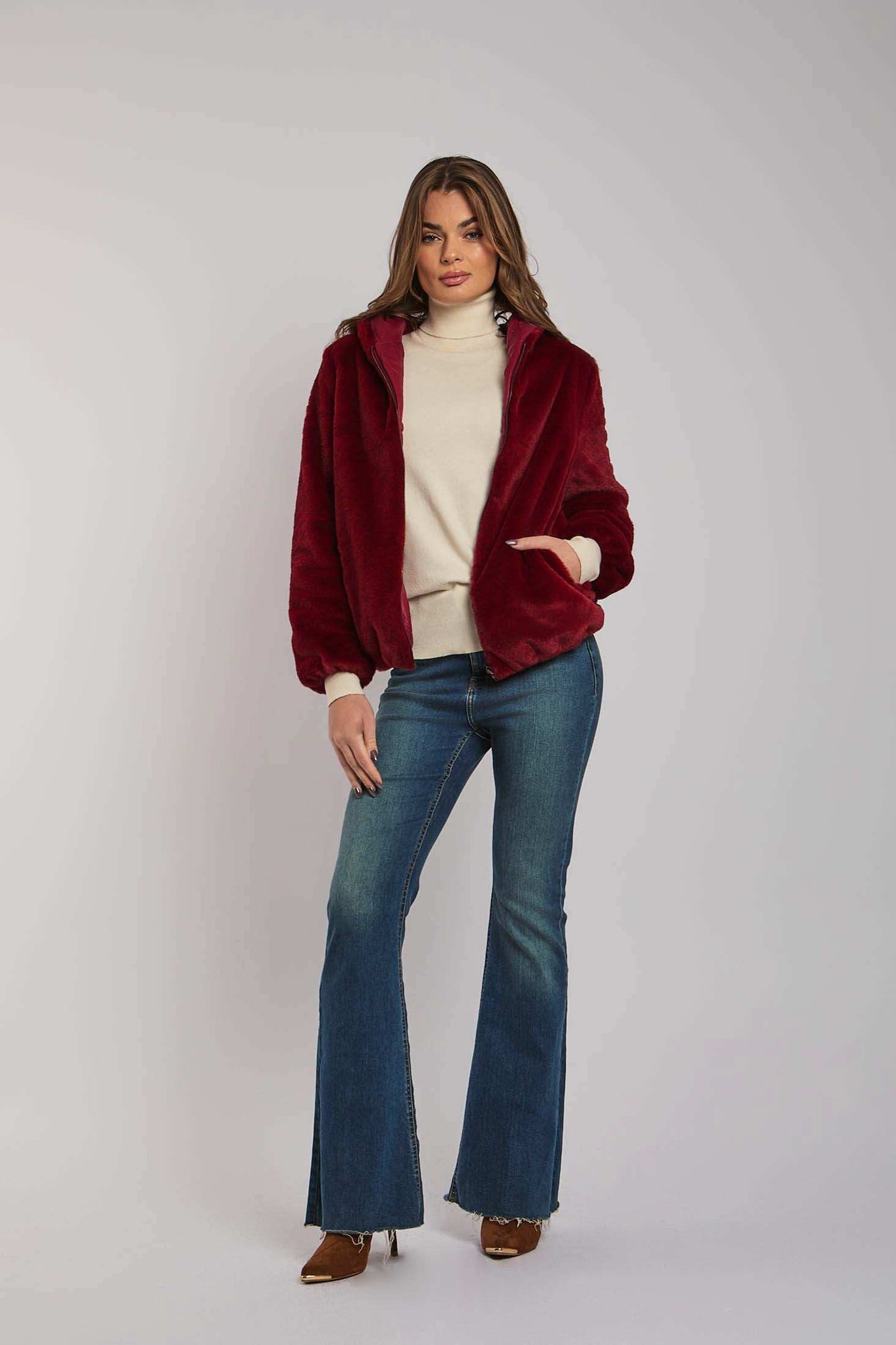 Women Regular Fit Fur - Burgundy