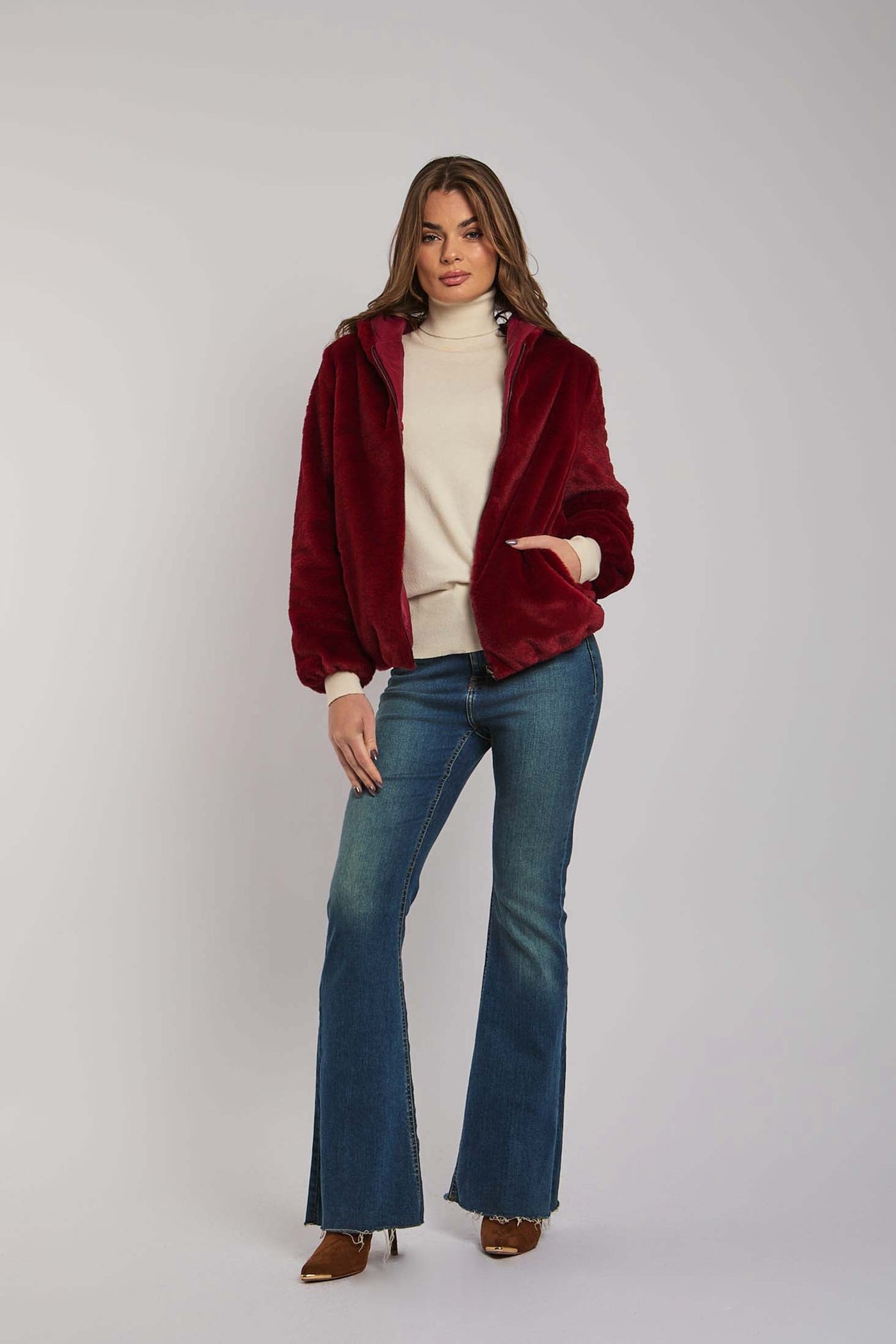 Luxurious Faux Fur Jacket Burgundy