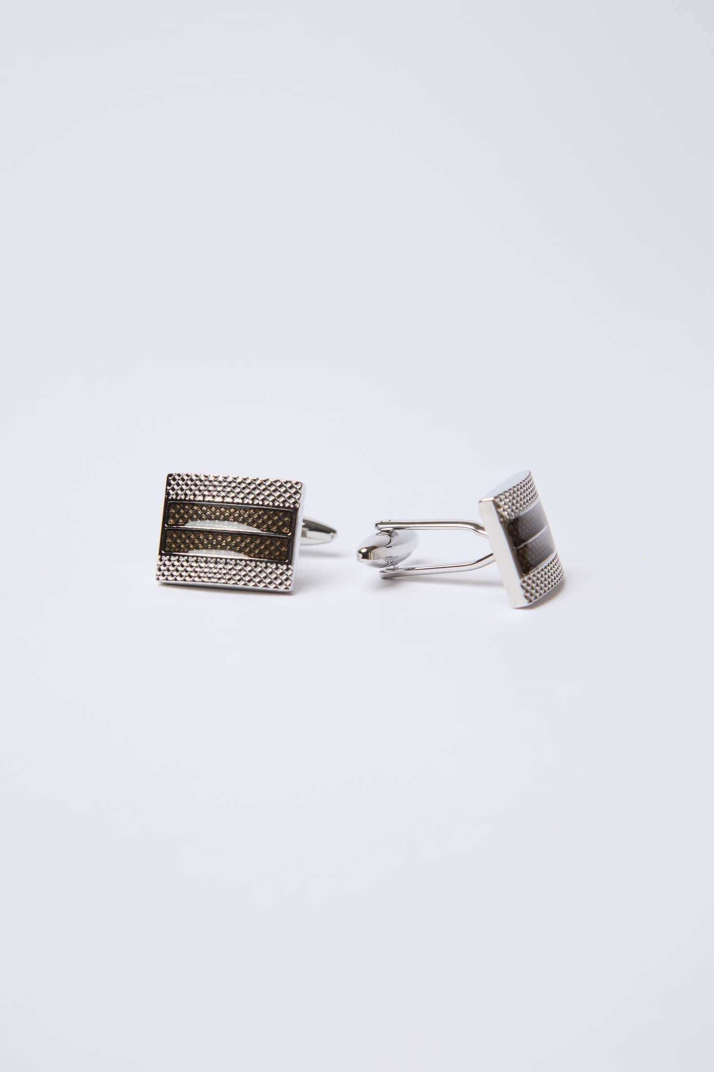 Silver square cufflinks with textured pattern on white background, men's accessories