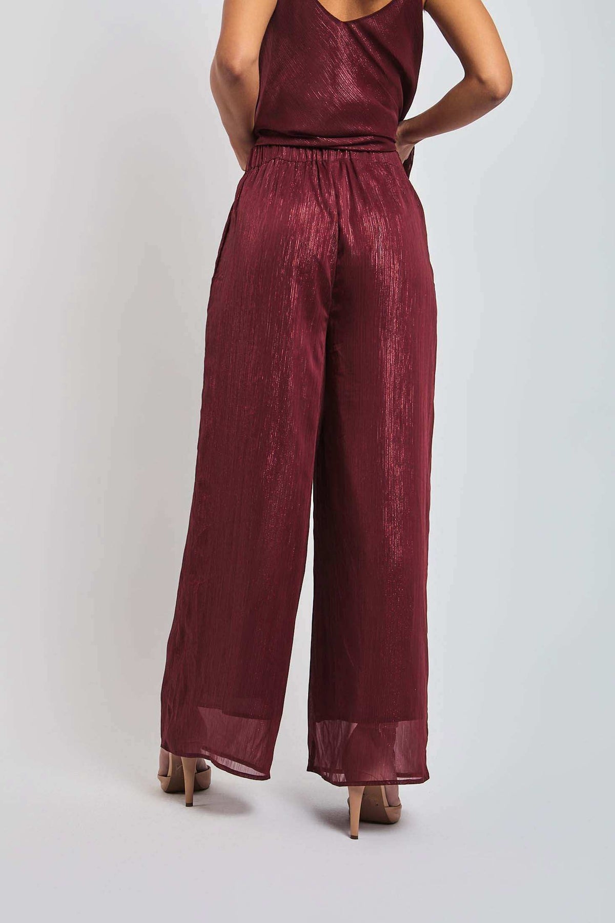 Woman wearing burgundy pleated wide-leg pants and sleeveless top, back view